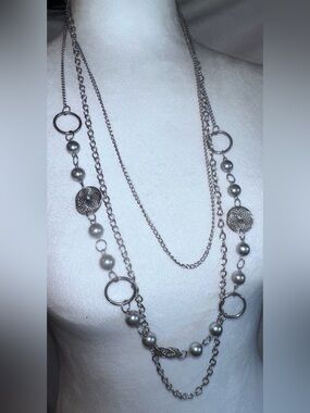 #JC33 Simple Silver Chain Necklace with Beaded Accents